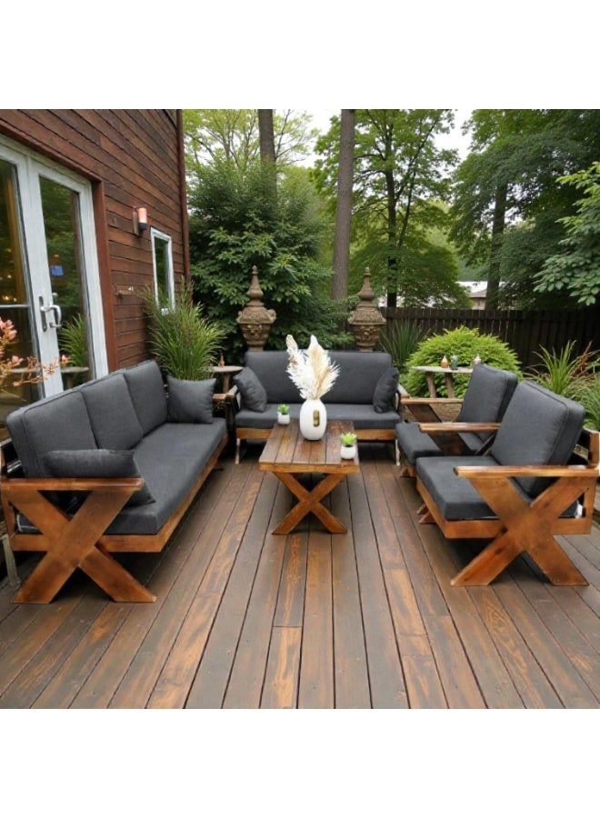 Mardod Saudi European Natural Wood Outdoor Seating Set consisting of Triple sofa  + Twin sofa  + 2 Chairs + Coffee Table - Gray Color - XIW153 - Image 2